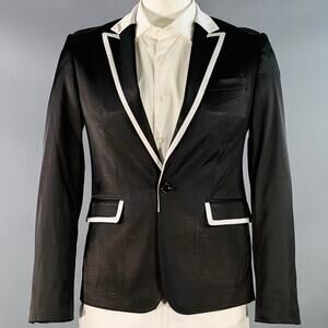 RAF SIMONS L Black White Satin Wool Acrylic Peak Lapel Contrast Trim Sport Coat